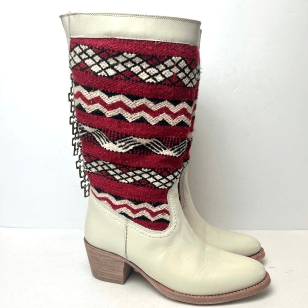 Cobra Society Handmade Alcazar Leather Wool Western Cowboy Boots Cream Red Sz 36